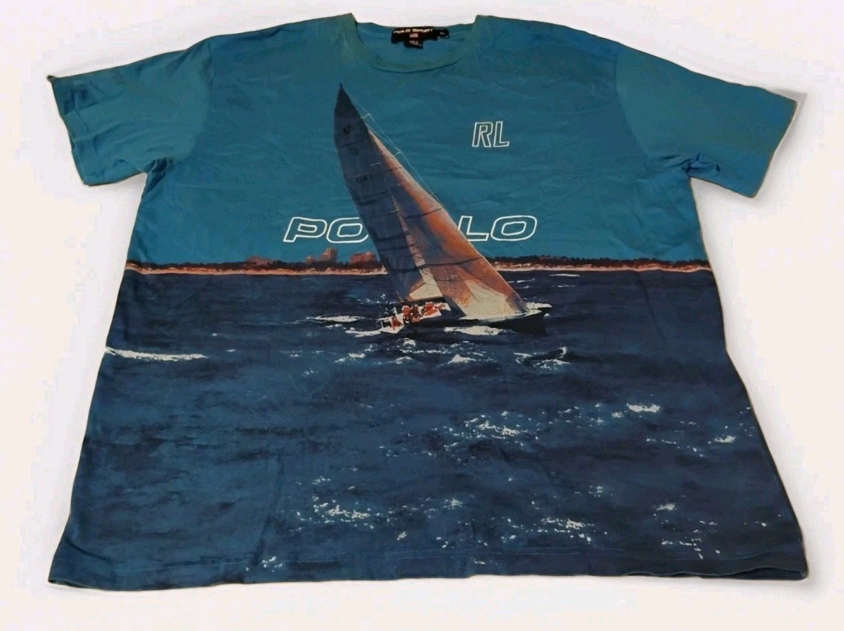 Vintage Polo Sport Ralph Lauren Shirt Mens XL Blue Sailboat AOP Nautical