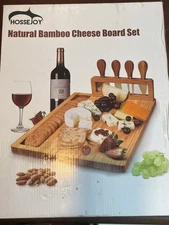 Bamboo Cheese Board Set Including 4 Stainless Cutlery Set, Charcuterie Board