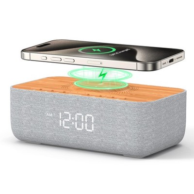 Wireless Charging Alarm Clock 15W Magnetic White Noise Woodgrain REACHER Fast