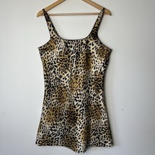 Vtg Evandale Mini Slip Dress Satin Chemise Animal Leopard Print Y2K 90s Glam M