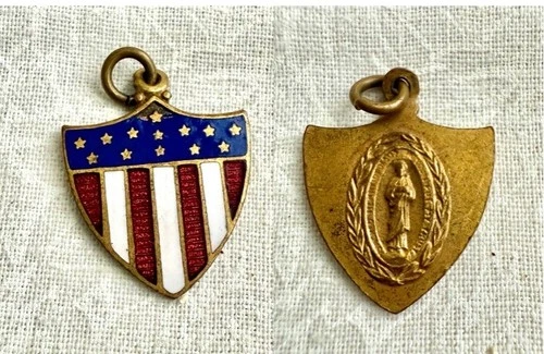 Old WW1 USA Military Cloisonné  Catholic Protection Medallion Pendant Reverses