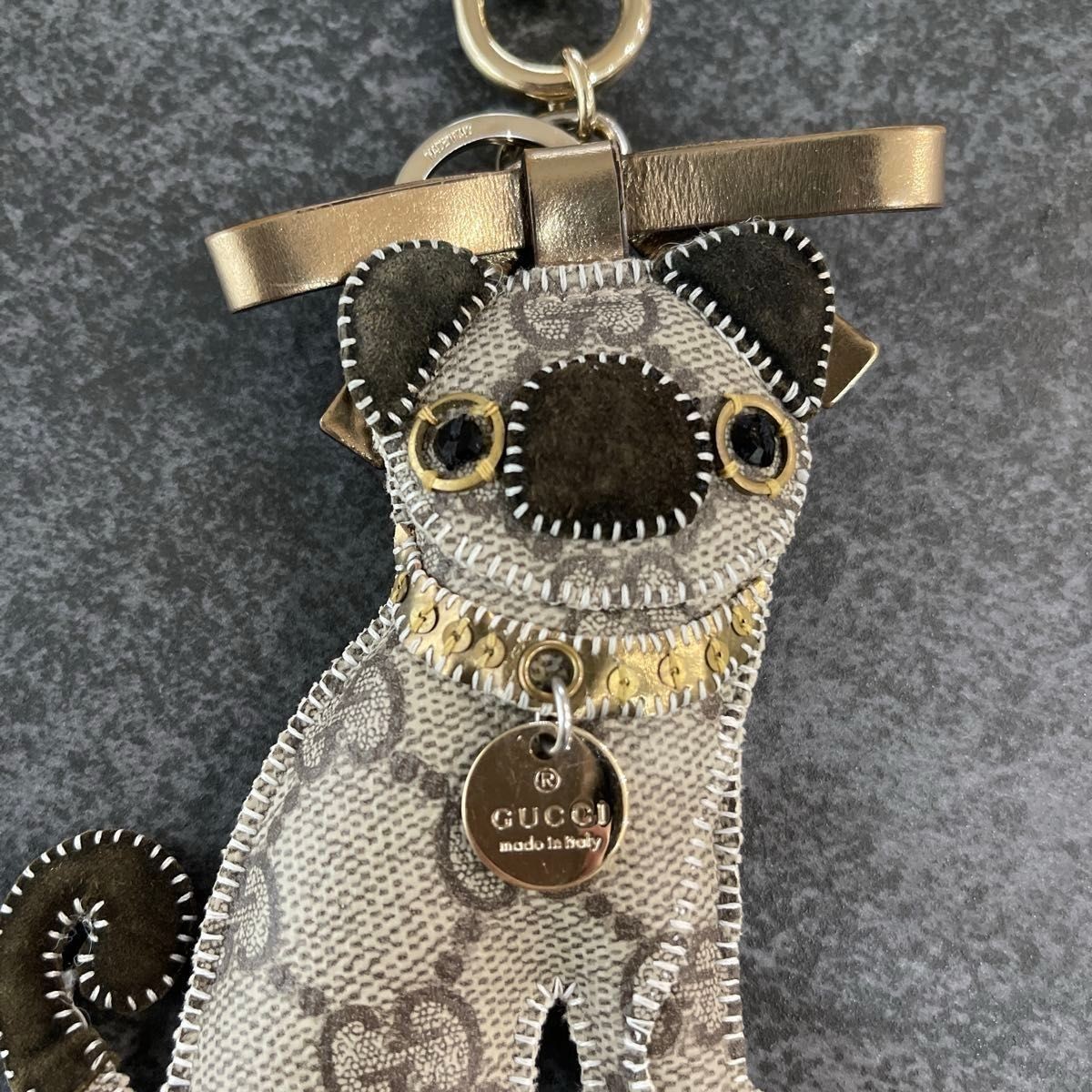 GUCCI Bag Charm Key Ring Guccioli Pug Dog Oliver GG Leather Brown