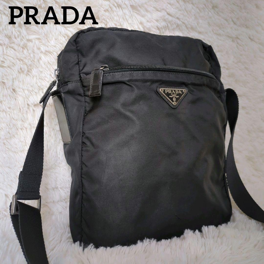 Prada Tessuto nylon shoulder bag with triangular logo in black imported from Japan