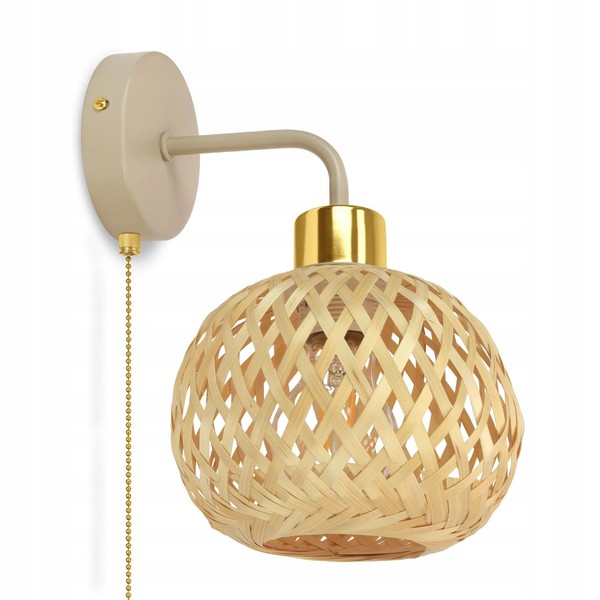 Luxolar LED Wandleuchte Mit Zugschalter E27 Bambus - Boho Beige/Gold-image