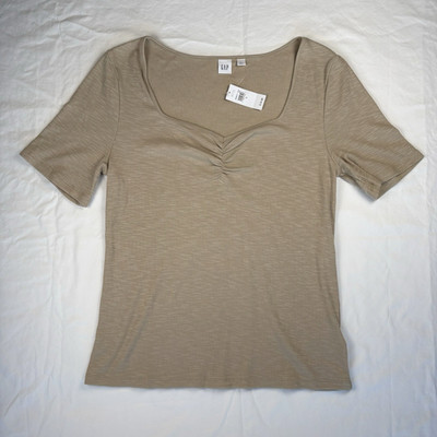 New Gap Dark Beige Ruched Short Sleeve Cotton Blend Ribbed Top Women's Size L
