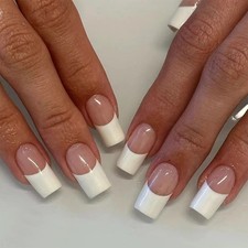 Long Square Press On Nails, French Tip Fake Nails Full Cover False Nails