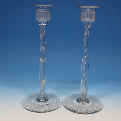 Signed Libbey Cut Glass - Pair of Twisted Etched Base Candlesticks - 10 inches