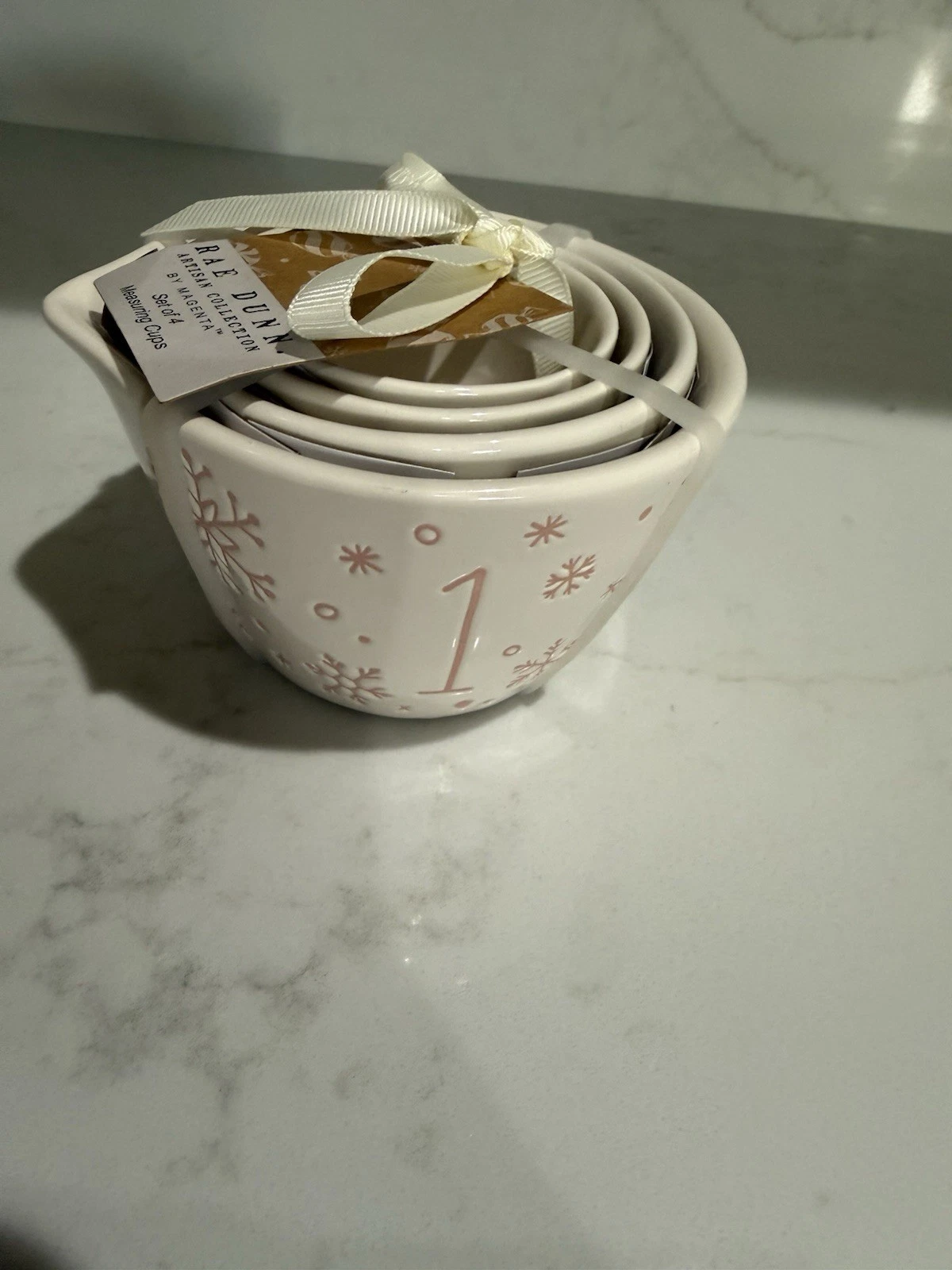 Rae Dunn Pink Snowflakes Measuring Cups Set of 4 Artisan Collection NEW