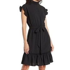 Tahari Arthur S Levine Womens XS Black Smocked Mock Neck Ruffle Midi Dress NWT