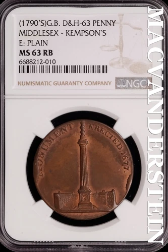 Great Britain: 1790's Middlesex Penny D&H-63 - NGC MS 63 RB - Scarce #SLG445
