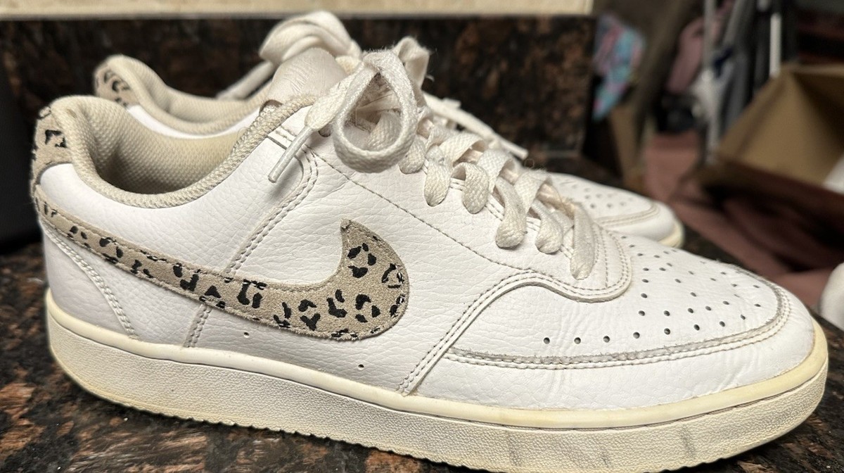 Nike Court Vision Low Shoes Womens Size 10 White Leather Cheetah
