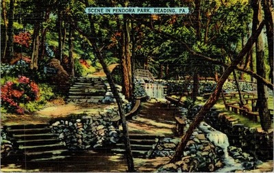 Pendora Park Reading PA Linen Postcard c1950 Waterfall Stream Footbridge