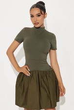 Fashion Nova Women’s Kennedy Short Sleeve Drop Waist Olive Green Dress Large