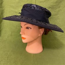 Vintage Valerie Modes Black Woven Straw Hat with Wide Grosgrain Band
