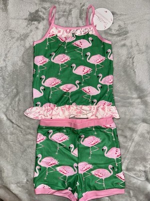 SweetHoney Girls 4T 2-Piece Cami Lounge Play Set Green Pink Flamingo Sleeveless