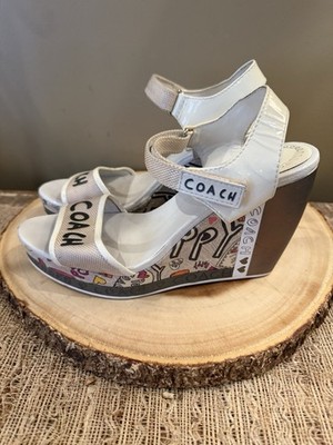 COACH Addison Wedge POPPY WHITE GRAFFITI Colorful SANDALS HEELS Sz 8.5