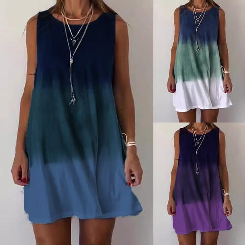 Mujeres Vestido Degradado Sin Mangas Suelto Verano Vestidos de Playa Cuello Redondo Clásico Reino Unido - Imagen 2 de 28