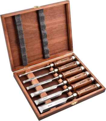 EZARC Japanese Style Nomi Chisel Set of 6 Carpenter tool Wooden Box Black Walnut