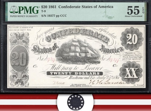 T-9 1861 $20 CONFEDERATE CURRENCY PMG 55 EPQ CIVIL WAR BILL 19377