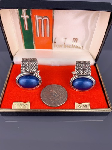 Blue Cabochon Rhodium Plated Cufflinks Chain Wrap Mid Century Foster Vintage NOS - Picture 7 of 8