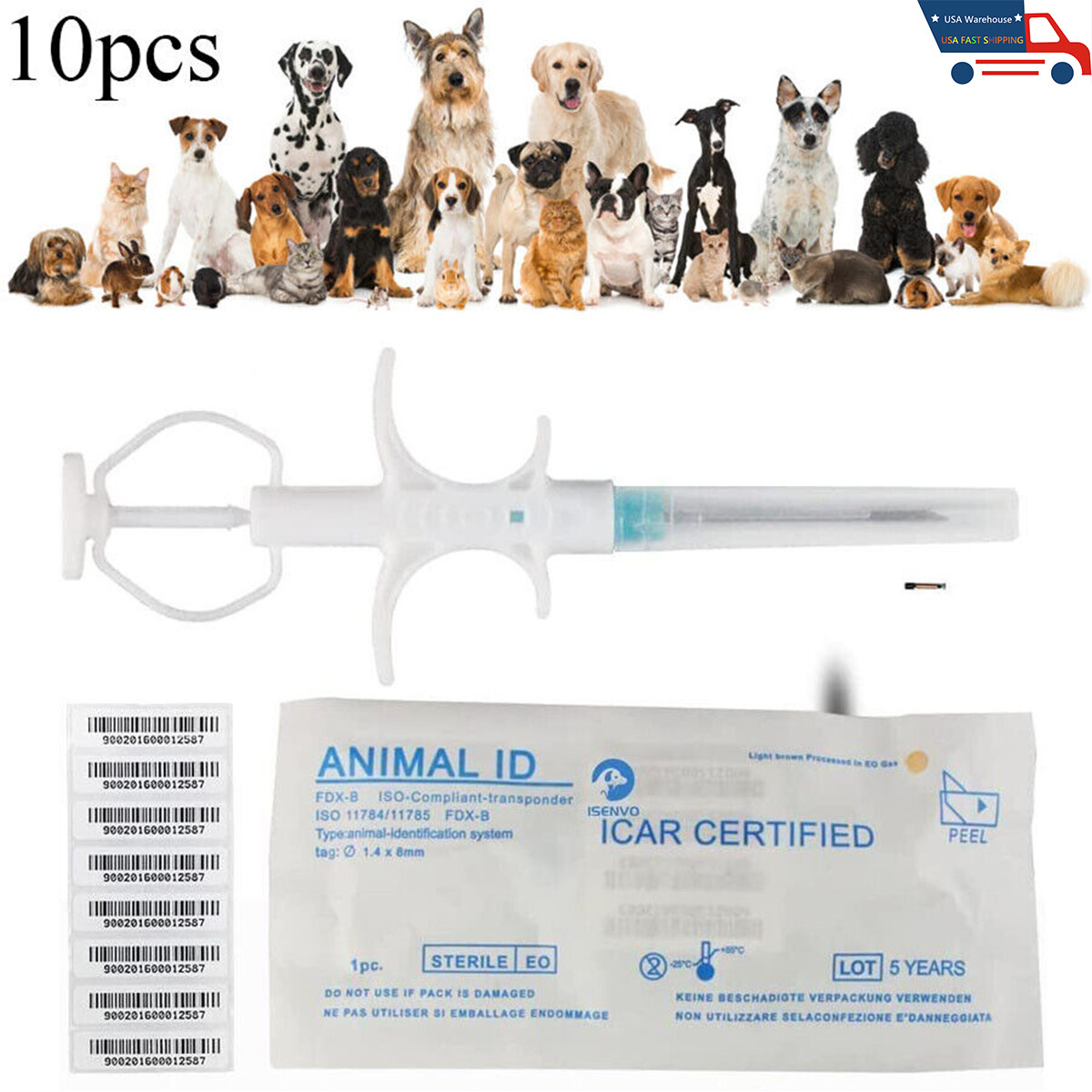 10Pcs Pet Cats Dog ID Microchip FDX-B ISO Animal Cow RFID