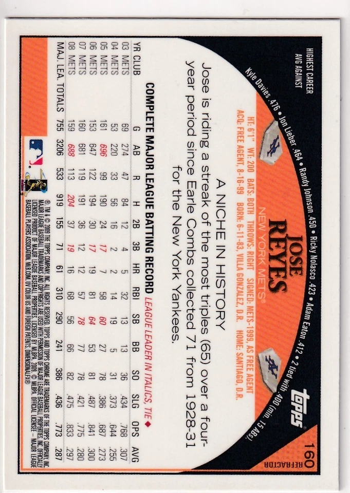 2009 TOPPS CHROME REFRACTORS JOSE REYES NEW YORK METS PARALLELS (JC)-3294 - Image 2 of 2