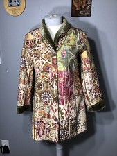 Vintage Chico’s Paisley Print Faux Fur- Line Coat Jacket Boho Art To Wear Sz 2