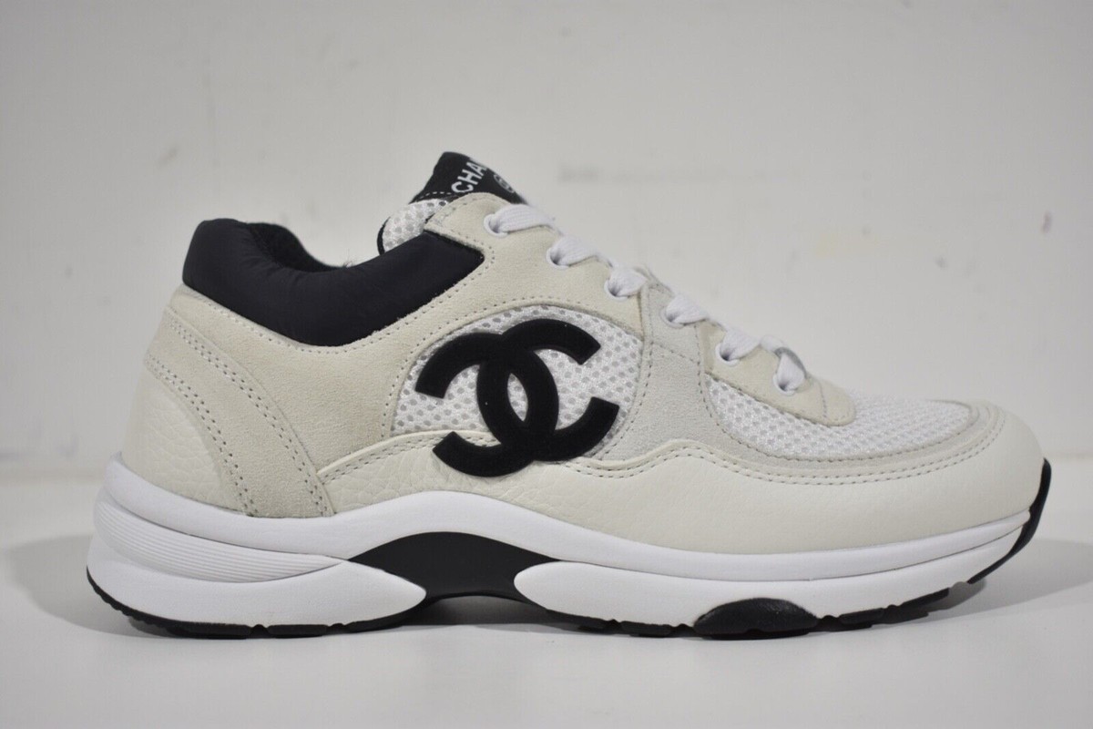 Chanel REV White Black CC Logo Leather Lace Up Flat Runner