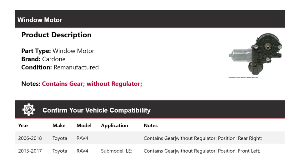 Para Toyota RAV4 2006-2018 Ventana Motor Cardone 2007 2008 2009 2010 2011 2012 Foto 2 de 4