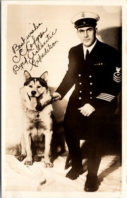  RPPC Postcard Best Wishes Admiral Byrd Dog Antarctic Expedition 1930s S73