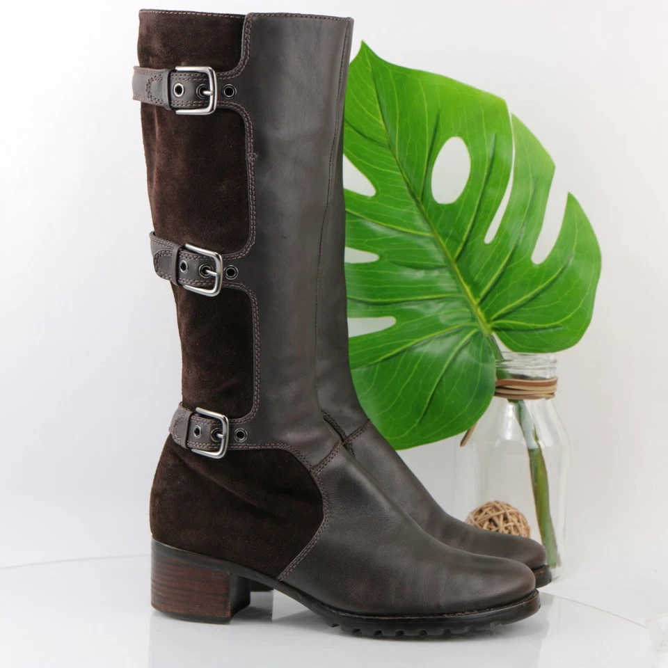 Bota Ecco Mujer Esmeralda Talla 37 6 Marrón Cuero Gamuza Alta Moto Triple Hebilla Foto 3 de 4