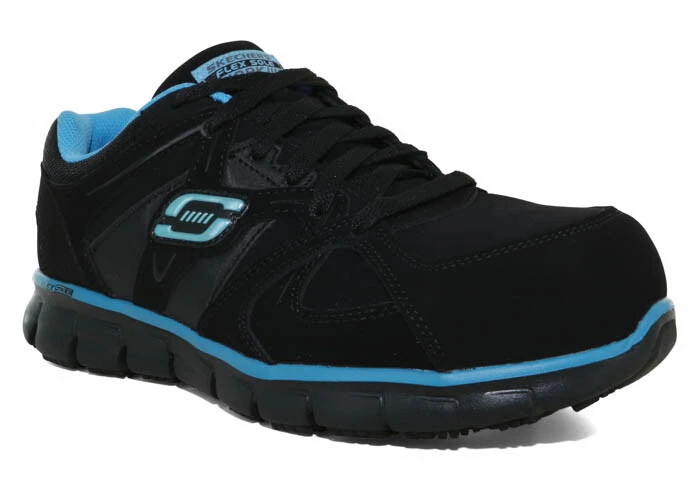 NEW Womens SKECHERS WORK ALLOY TOE SYNERGY Black Blue RESISTANT LEATHER Shoes