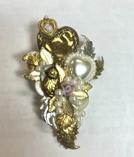 Vintage Grandmother’s Pin With Pearls, Buttons & Hearts In Gold, Silver, White M