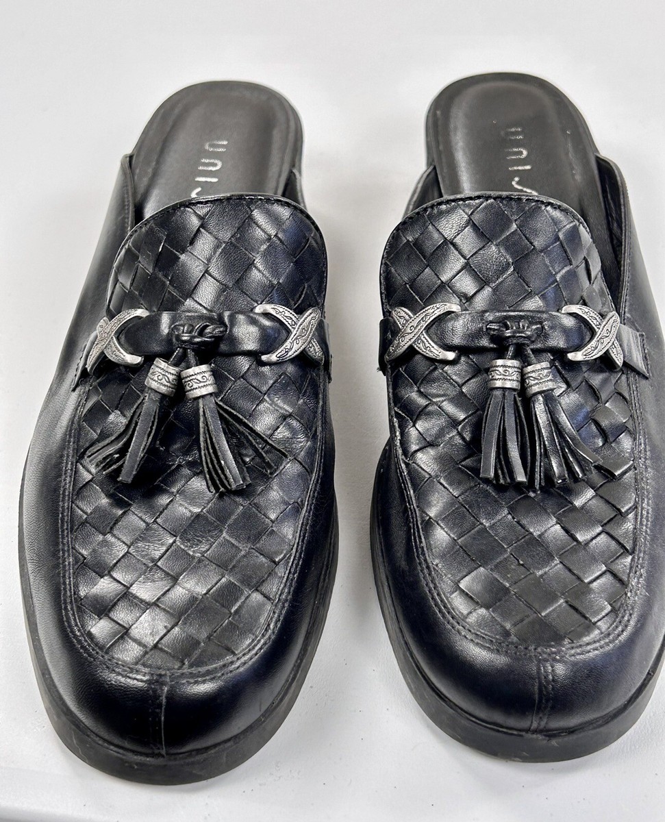 Unisa Black Leather Woven With Tassels Slip On Shoes Heels Mules