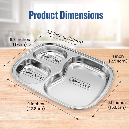 Stainless Steel Divided Plates, Kids Tray, BPA Free, 3 Compartment, Set of 2 - Picture 4 of 9