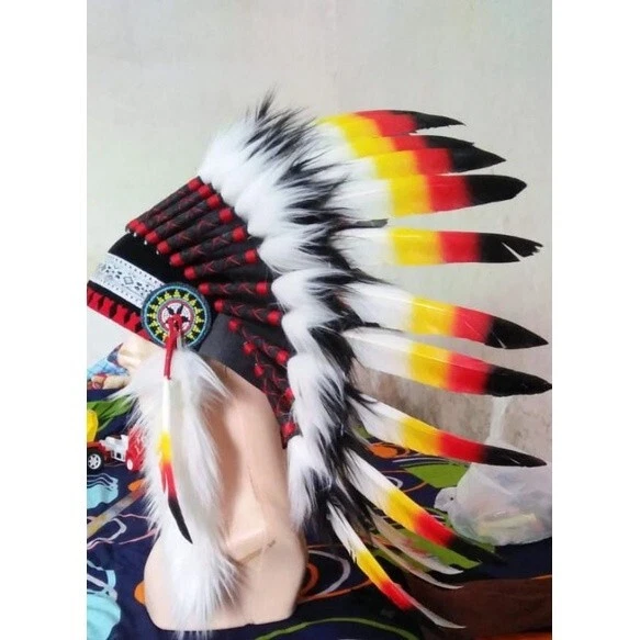 mujer tocado naranja y negro indio tocado réplica hecho con rojo real Foto 2 de 2