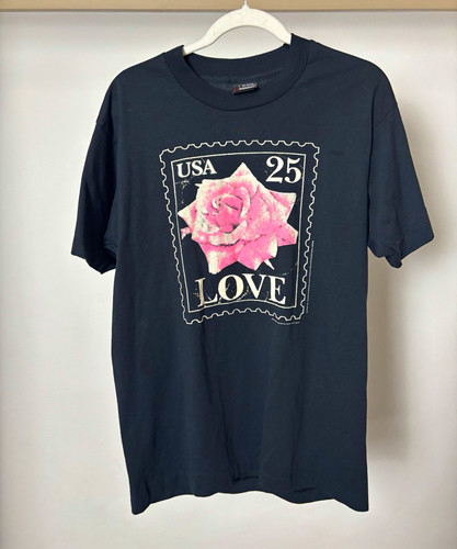 Screen Stars, Screen Stars Vintage USPS 25 LOVE Rose Graphic Tee Black Mens L Single Stitch