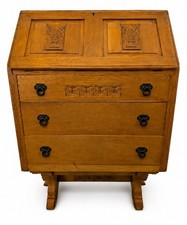 Vintage Solid Oak Bureau Writing Desk Jacobean Style Fall Front 3 Drawer Desk