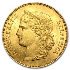1883-1896 Switzerland Gold 20 Francs Helvetica AU