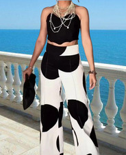 ZARA MID-RISE ZW POLKA DOT WIDE-LEG PANTS BLACK WHITE sz S Retail price 119