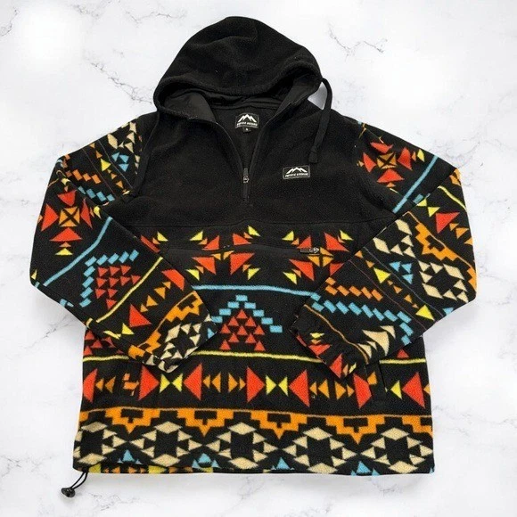 Massive Outdoor Geometric Multicolor Print Fleece Black Hooded Jacket