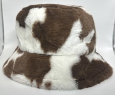 Faux Fur Cow Print Bucket Hat Brown White Plush