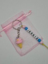 Personalised ice cream Keyring, food gift, school bag name tag, summer