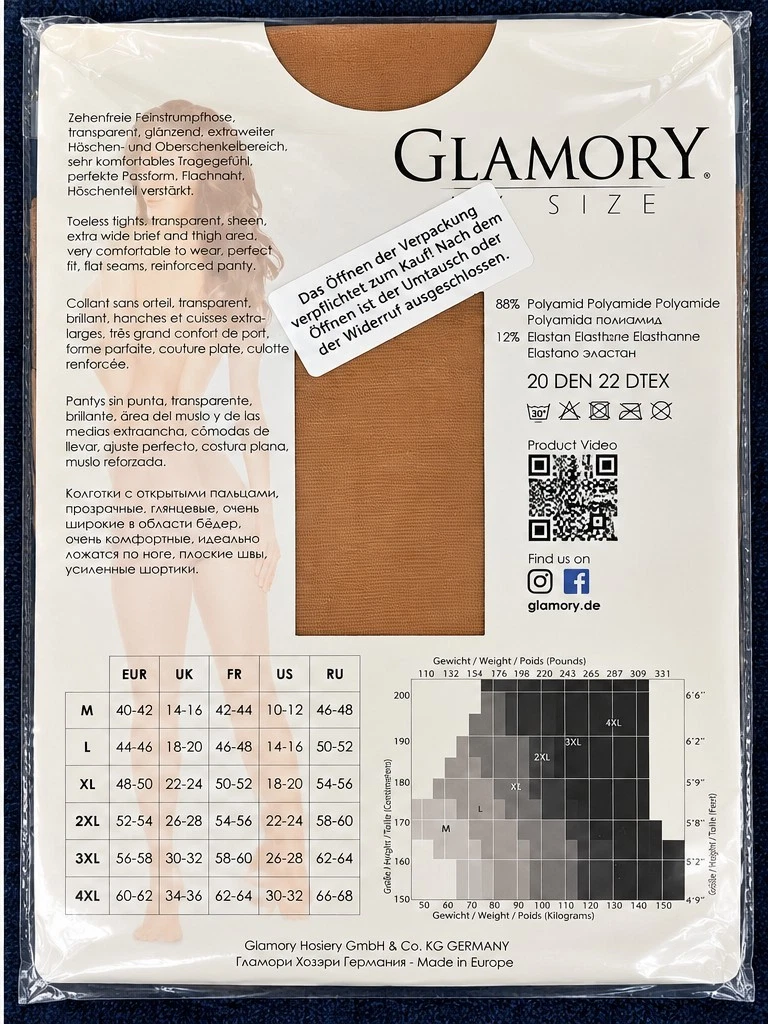 Zehenfreie Feinstrumpfhose Glamory Toeless 20 DEN, Gr. XL 48-50, Teint, OVP