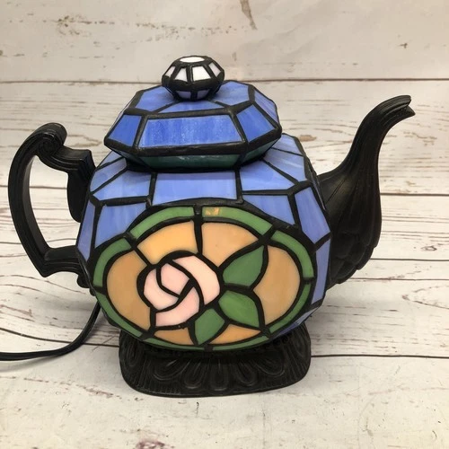 Vintage Tiffany Style Floral Stained Glass Tea Pot Table Lamp By Cheyenne Decor