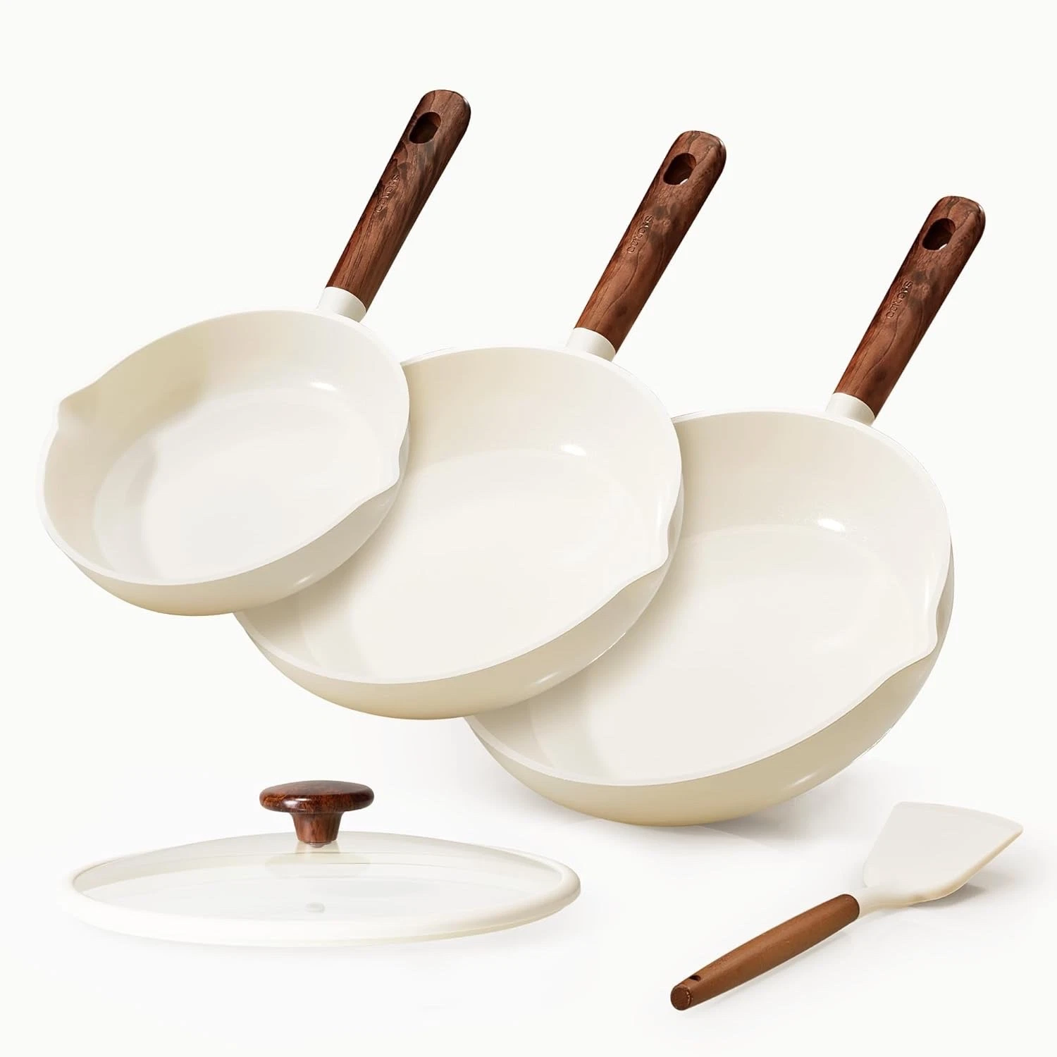 Ceramic Coated Nonstick Frying Pan Set 5PC, 8", 9.5", 11 Inch, Cream White