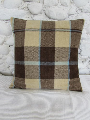 Cushion Cover, Brown, Beige, Pale Blue, Check, Chenille, 18", Soft, Cosy. - Picture 2 of 12