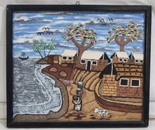VTG PAINTING ART Haiti Haitian FOLK ART NAIVE OUTSIDER SAND WOMAN BEACH VILLAGE