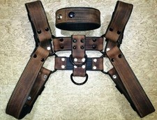 Men's Leather Bulldog HARNESS brown and black adjustable straps Jockstrap