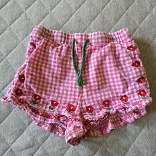 Mini Boden Pink Gingham Frill Hem Shorts Girls Size 7Y Embroidered Flowers